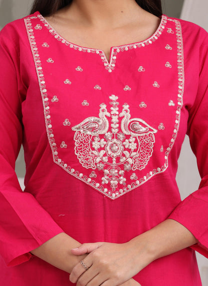 Gulabi Leaf's Solid Pure Cotton Embroidered Kurta, Pant With Dupatta