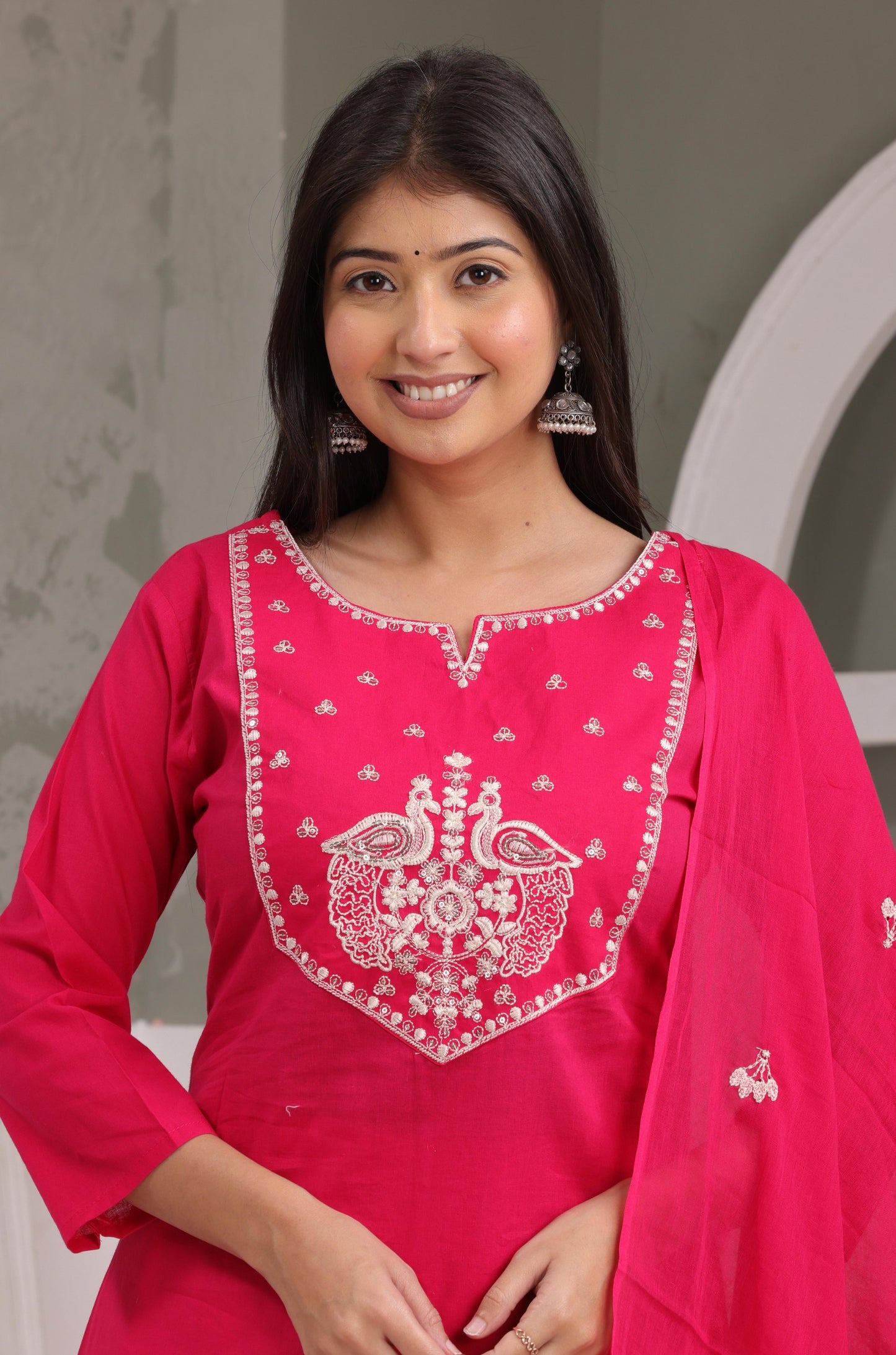 Gulabi Leaf's Solid Pure Cotton Embroidered Kurta, Pant With Dupatta