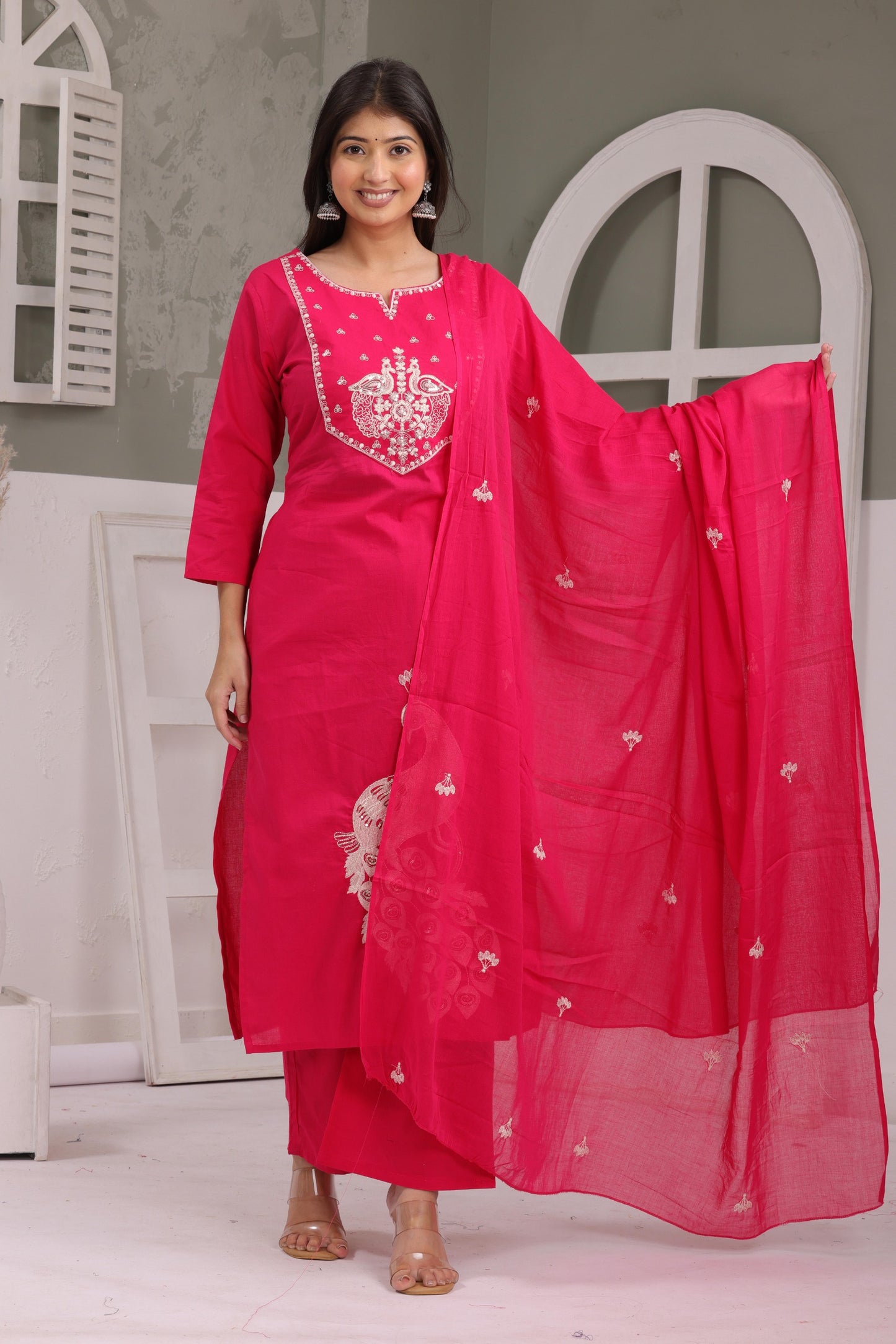 Gulabi Leaf's Solid Pure Cotton Embroidered Kurta, Pant With Dupatta