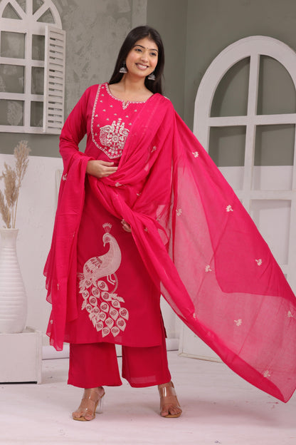 Gulabi Leaf's Solid Pure Cotton Embroidered Kurta, Pant With Dupatta