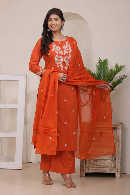 Gulabi Leaf's Solid Pure Cotton Embroidered Kurta, Pant With Dupatta