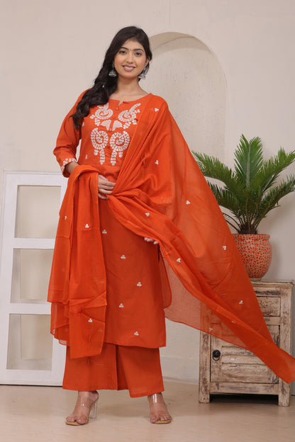 Gulabi Leaf's Solid Pure Cotton Embroidered Kurta, Pant With Dupatta