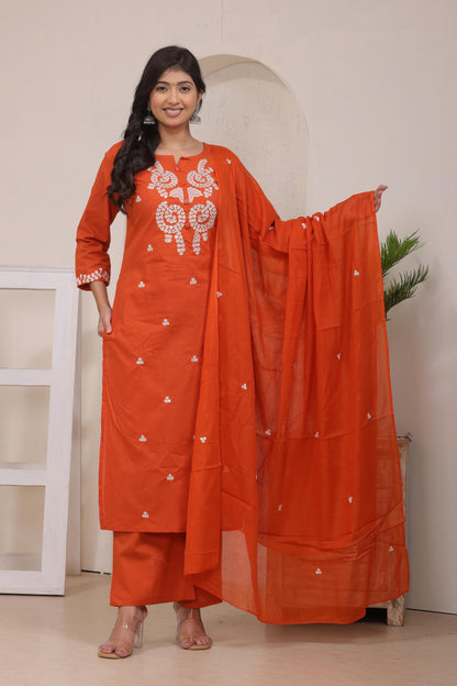 Gulabi Leaf's Solid Pure Cotton Embroidered Kurta, Pant With Dupatta