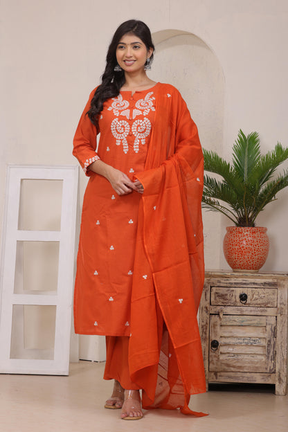 Gulabi Leaf's Solid Pure Cotton Embroidered Kurta, Pant With Dupatta