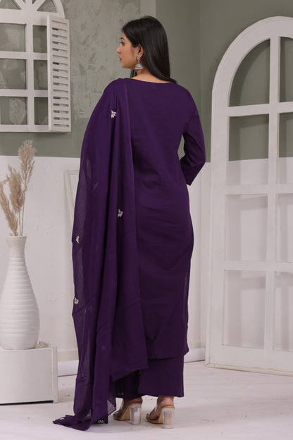Gulabi Leaf's Solid Pure Cotton Embroidered Kurta, Pant With Dupatta