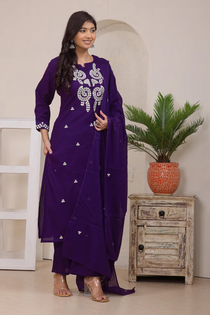 Gulabi Leaf's Solid Pure Cotton Embroidered Kurta, Pant With Dupatta