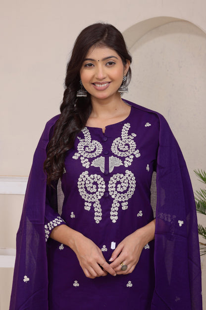 Gulabi Leaf's Solid Pure Cotton Embroidered Kurta, Pant With Dupatta
