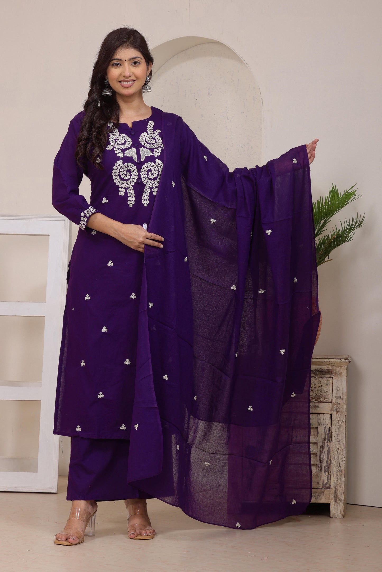 Gulabi Leaf's Solid Pure Cotton Embroidered Kurta, Pant With Dupatta