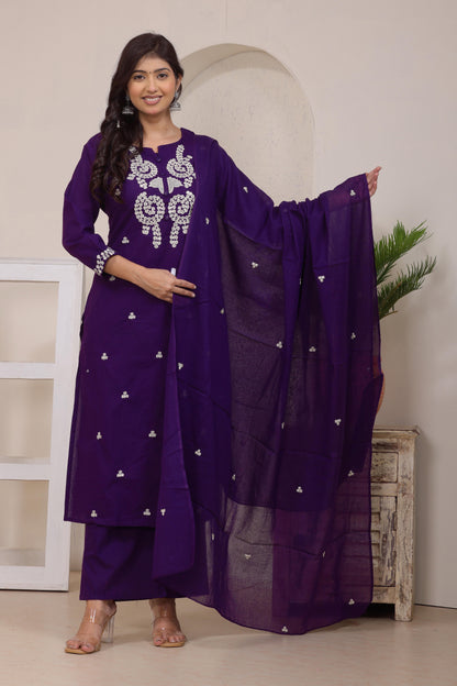 Gulabi Leaf's Solid Pure Cotton Embroidered Kurta, Pant With Dupatta