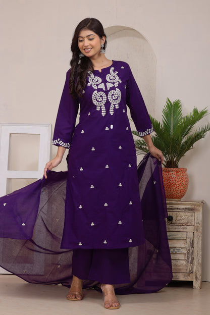 Gulabi Leaf's Solid Pure Cotton Embroidered Kurta, Pant With Dupatta