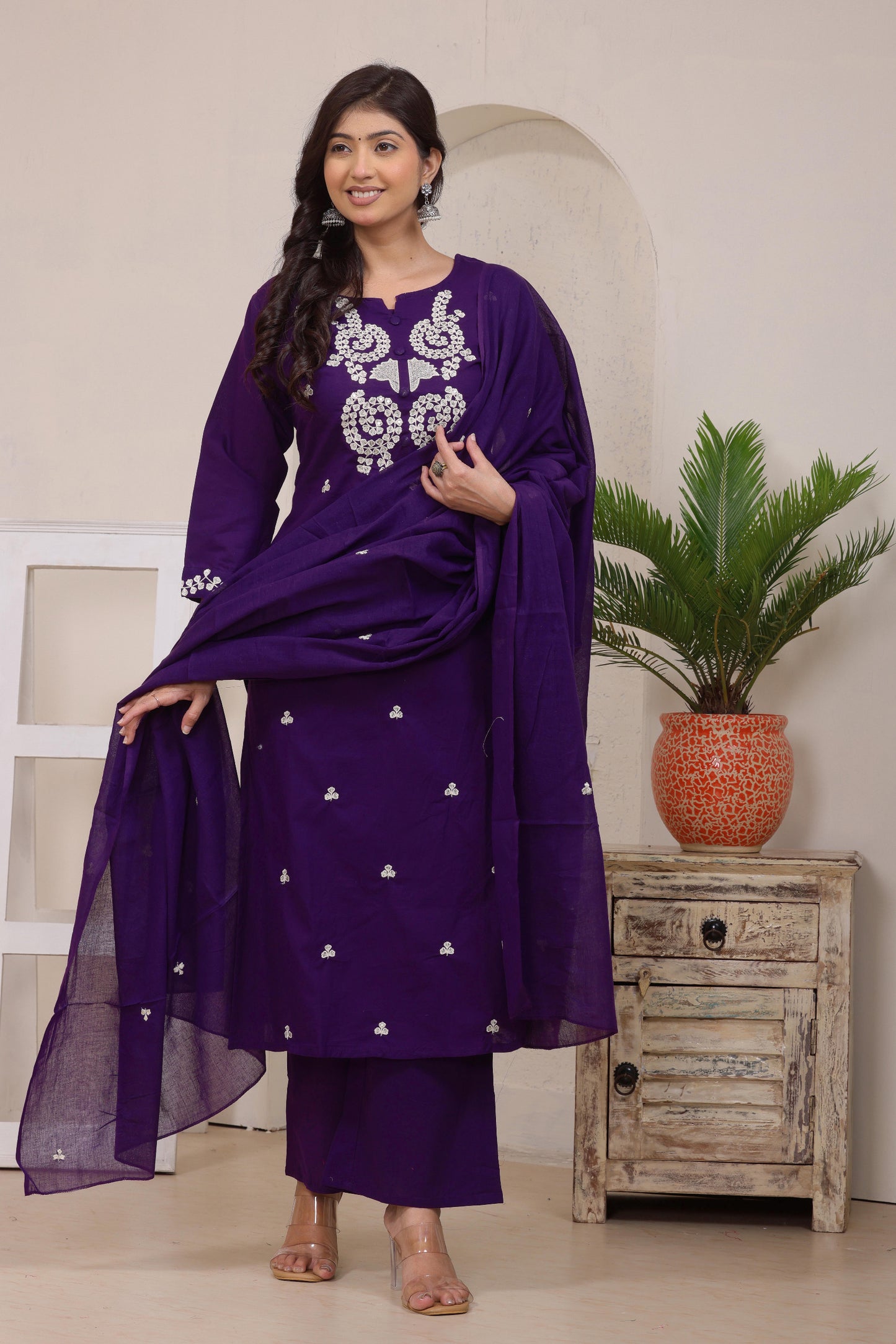 Gulabi Leaf's Solid Pure Cotton Embroidered Kurta, Pant With Dupatta