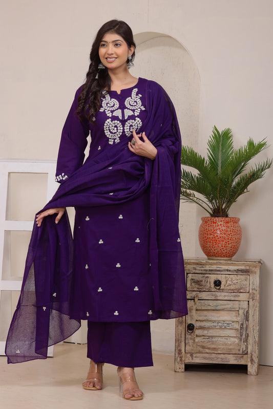Gulabi Leaf's Solid Pure Cotton Embroidered Kurta, Pant With Dupatta