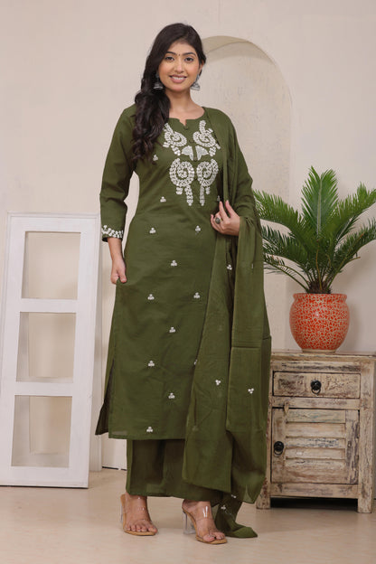 Gulabi Leaf's Solid Pure Cotton Embroidered Kurta, Pant With Dupatta