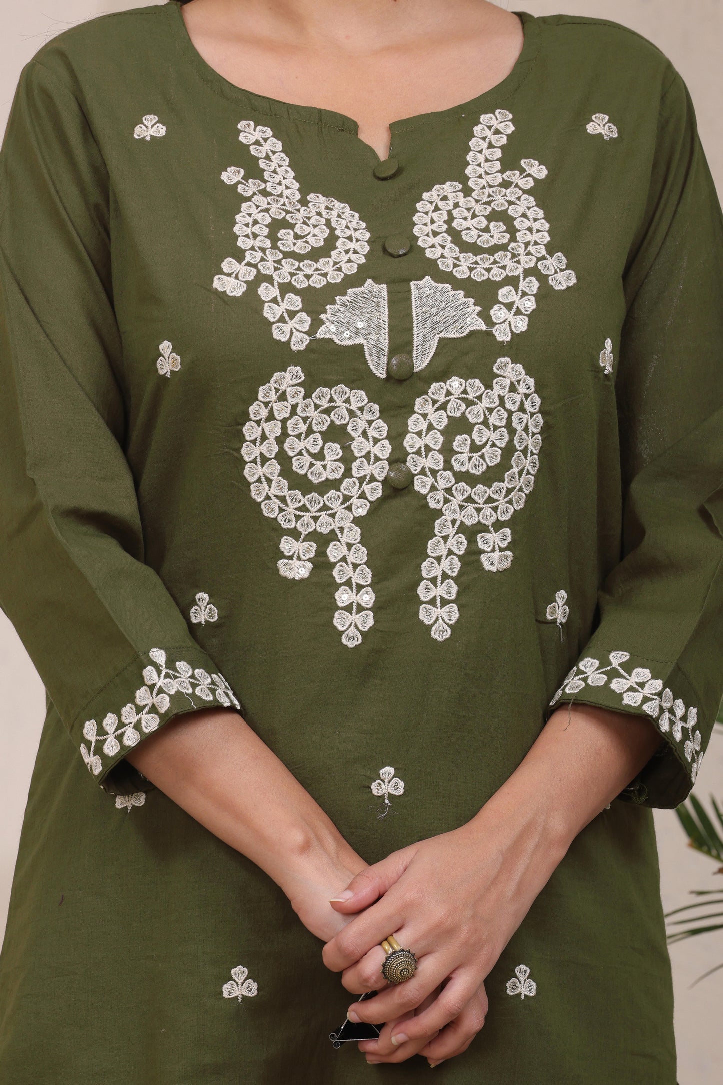 Gulabi Leaf's Solid Pure Cotton Embroidered Kurta, Pant With Dupatta