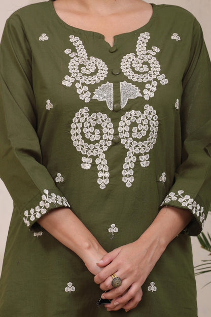 Gulabi Leaf's Solid Pure Cotton Embroidered Kurta, Pant With Dupatta