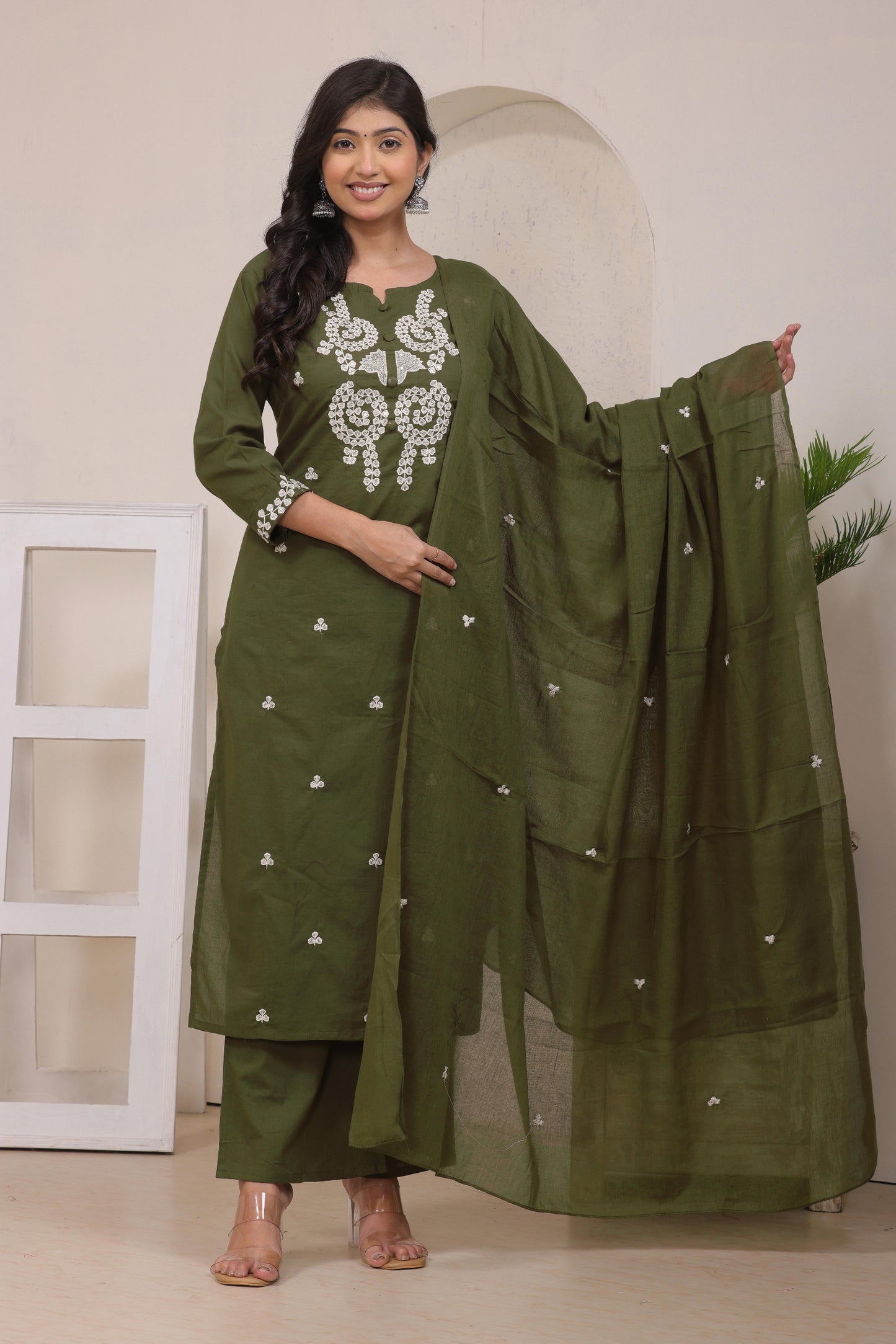 Gulabi Leaf's Solid Pure Cotton Embroidered Kurta, Pant With Dupatta