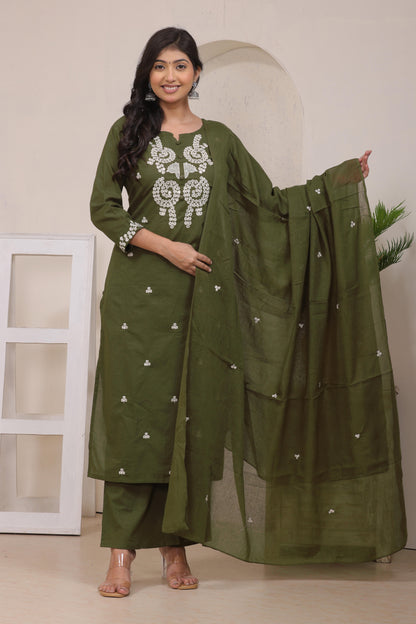 Gulabi Leaf's Solid Pure Cotton Embroidered Kurta, Pant With Dupatta