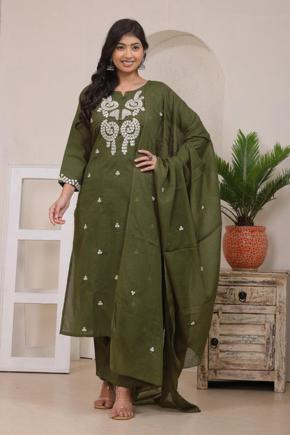 Gulabi Leaf's Solid Pure Cotton Embroidered Kurta, Pant With Dupatta