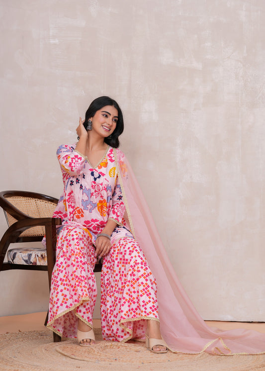 Rayon Printed Kurta Sharara Set with Organza Dupatta