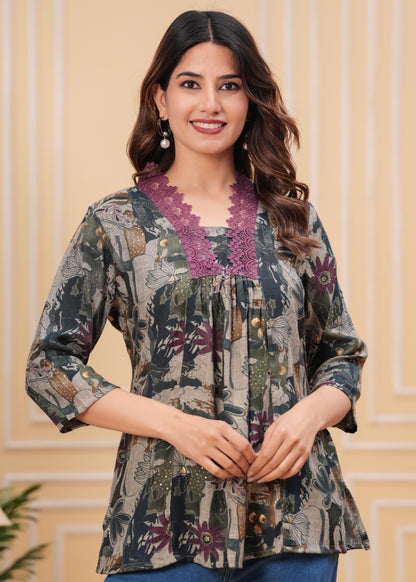 Women’s Printed Tunic Top with Lace Neck Detailing – Casual & Ethnic Fusion Wear