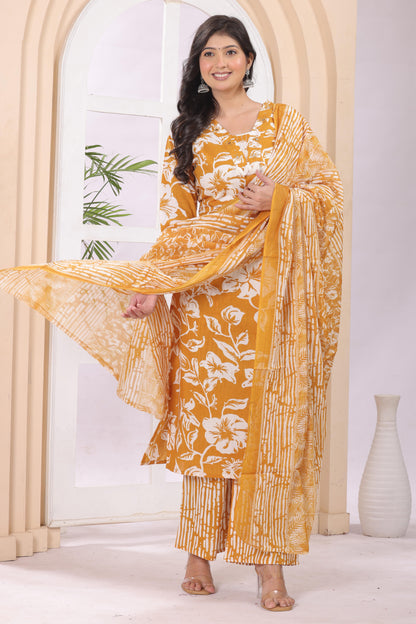 Gulabi Leaf Printed Pure Cotton Embroidered Kurta, Pant With Dupatta