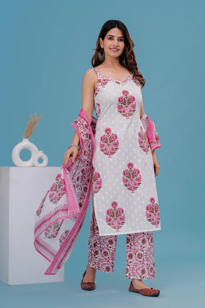 Women's Cotton Printed Striped Kurta Set with Dupatta – White & Pink Flora