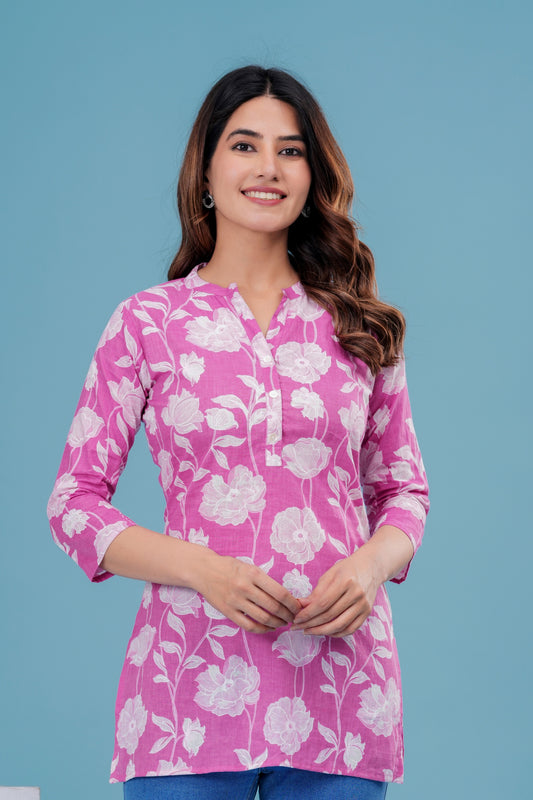 Women's Pink Floral Cotton Short Kurti – 3/4 Sleeve