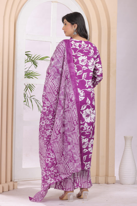 Gulabi Leaf Printed Pure Cotton Embroidered Kurta, Pant With Dupatta