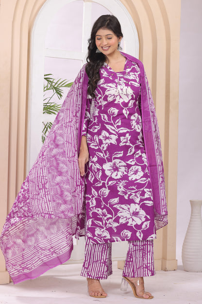 Gulabi Leaf Printed Pure Cotton Embroidered Kurta, Pant With Dupatta