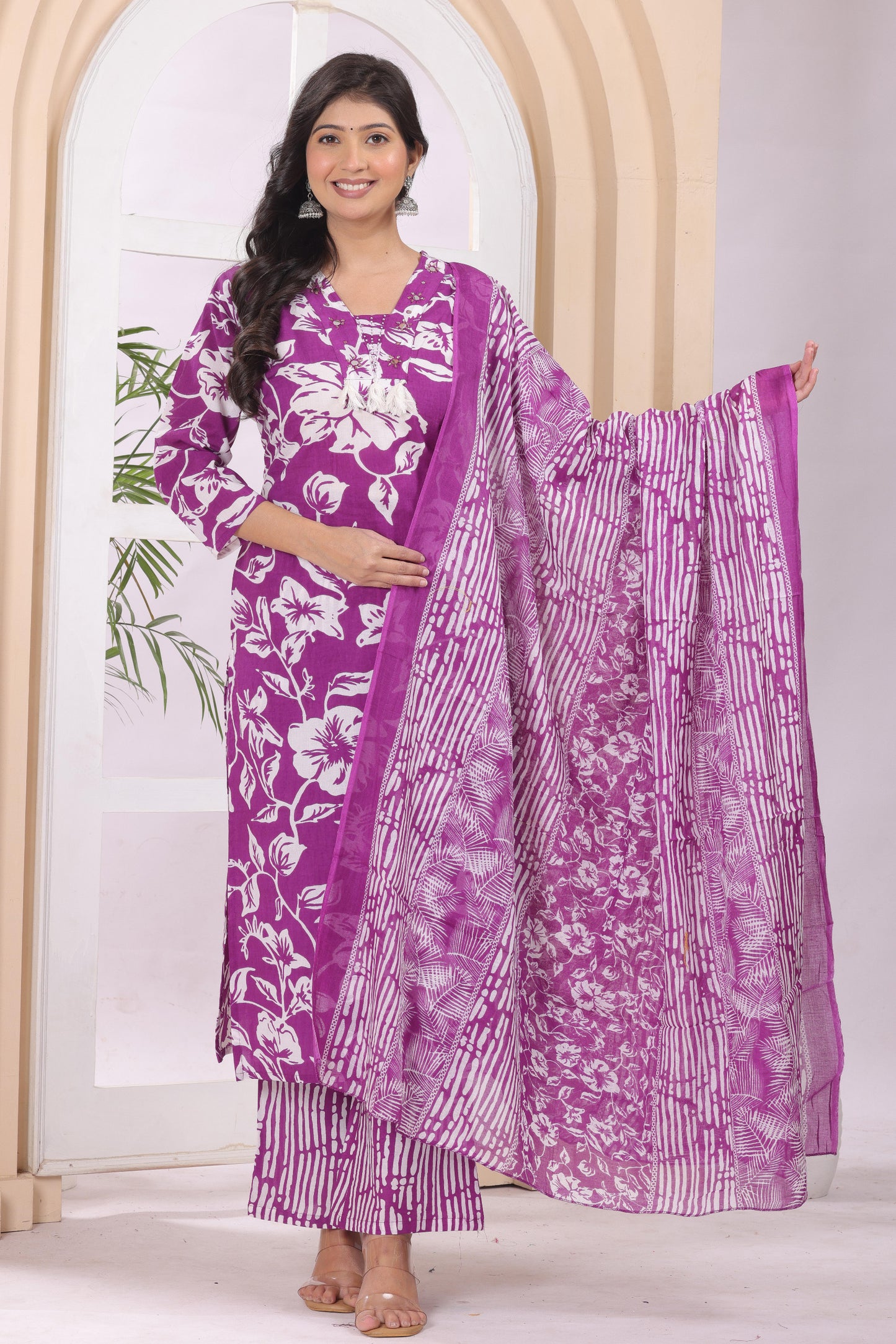 Gulabi Leaf Printed Pure Cotton Embroidered Kurta, Pant With Dupatta