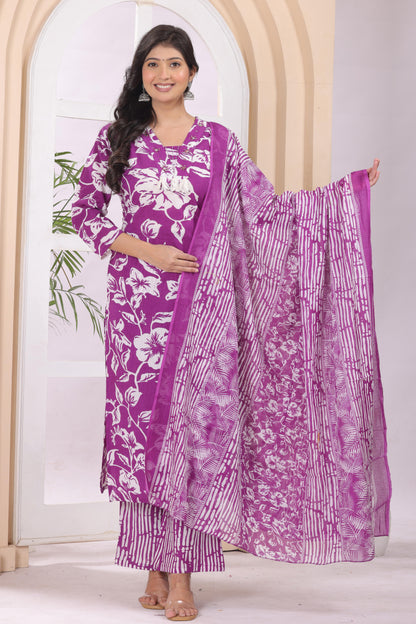 Gulabi Leaf Printed Pure Cotton Embroidered Kurta, Pant With Dupatta