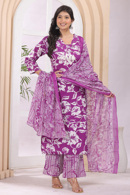 Gulabi Leaf Printed Pure Cotton Embroidered Kurta, Pant With Dupatta