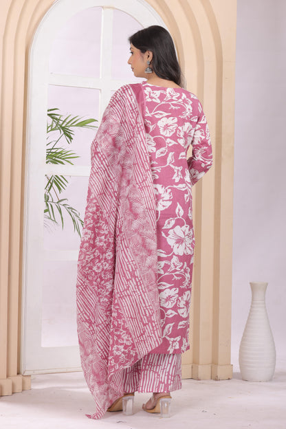 Gulabi Leaf's Printed Pure Cotton Embroidered Kurta, Pant With Dupatta