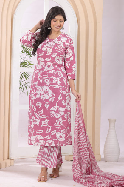 Gulabi Leaf's Printed Pure Cotton Embroidered Kurta, Pant With Dupatta