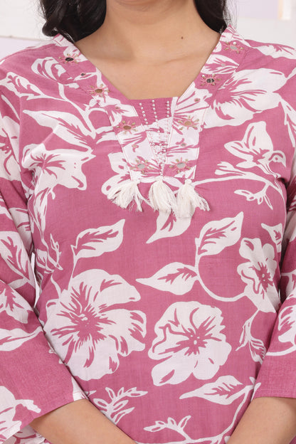 Gulabi Leaf's Printed Pure Cotton Embroidered Kurta, Pant With Dupatta