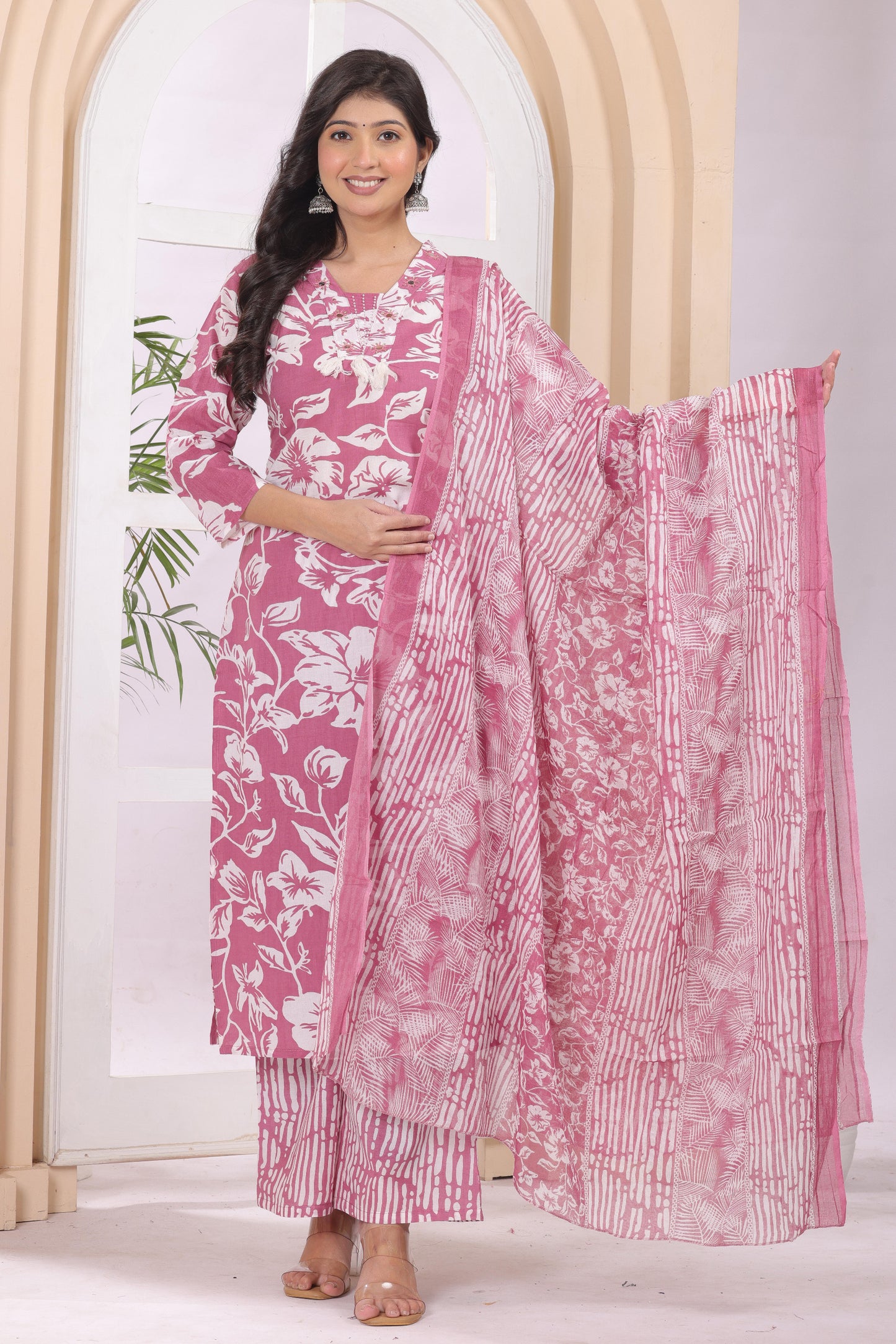 Gulabi Leaf's Printed Pure Cotton Embroidered Kurta, Pant With Dupatta