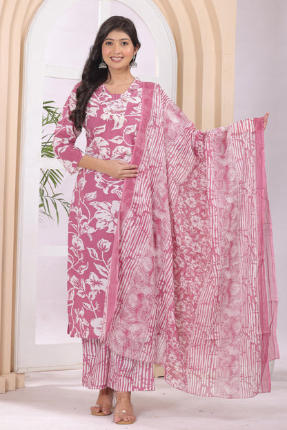Gulabi Leaf's Printed Pure Cotton Embroidered Kurta, Pant With Dupatta
