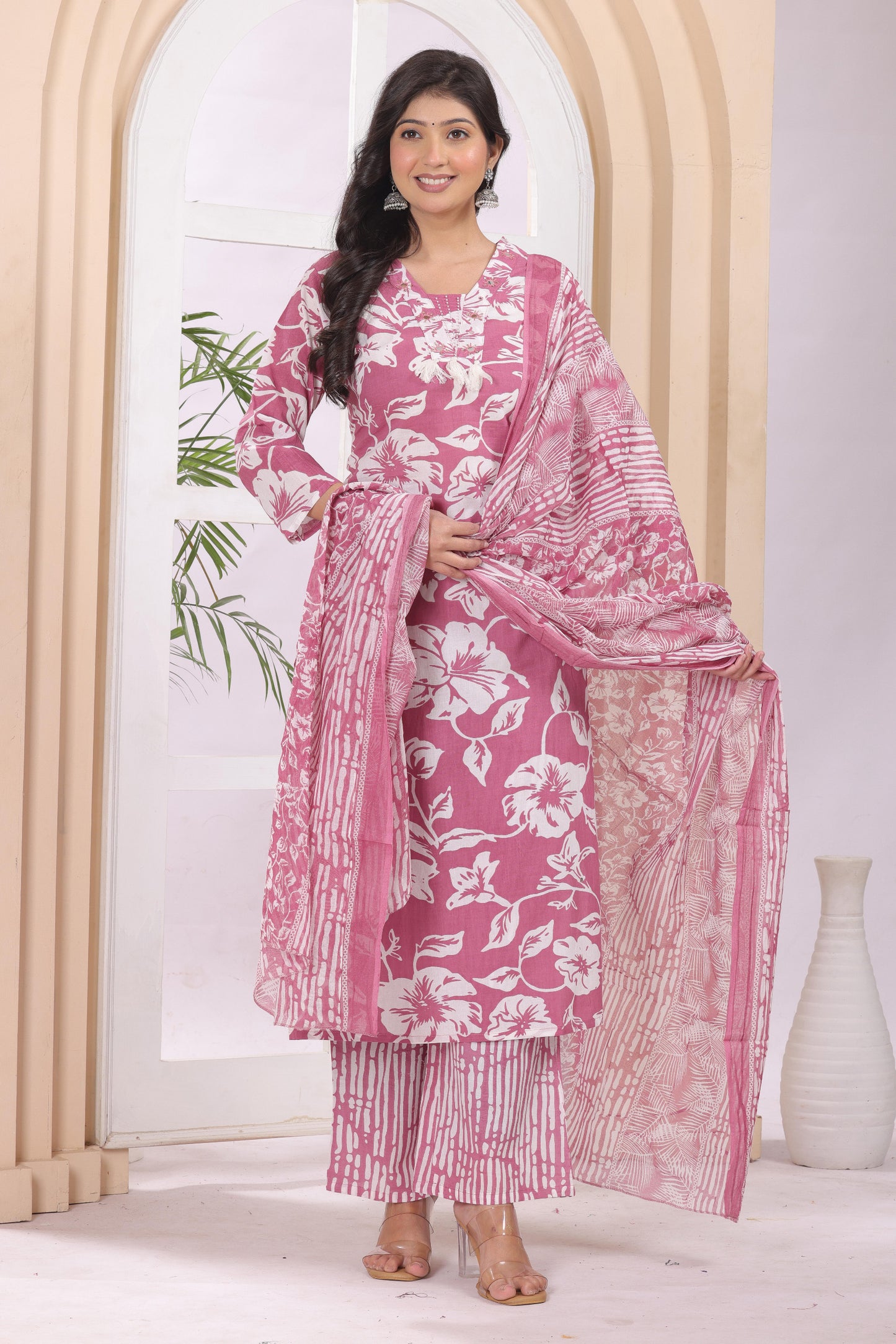 Gulabi Leaf's Printed Pure Cotton Embroidered Kurta, Pant With Dupatta