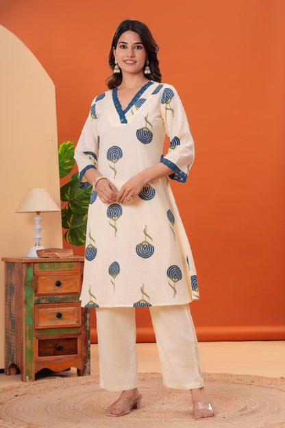 Printed V Neck Pure Cotton Top With Trousers Co-Ords