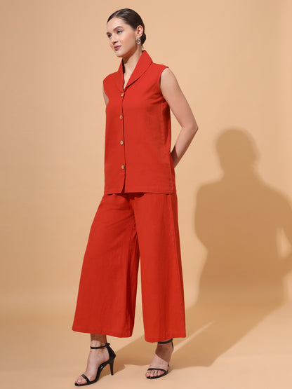 Women's V Neck Pure Cotton Waistcoat With Palazzo Co-Ord
