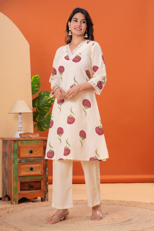 Printed V Neck Pure Cotton Top With Trousers Co-Ords