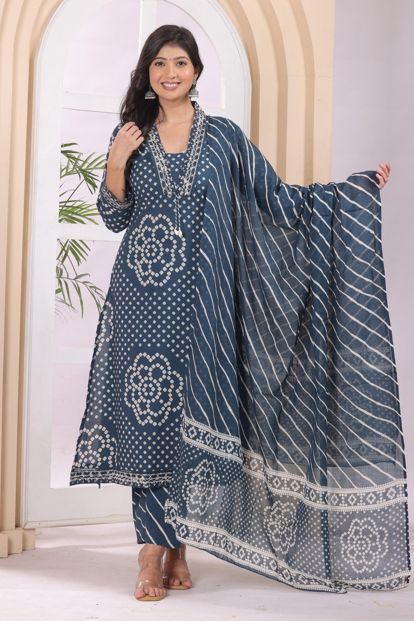 Gulabi Leaf's A-Line Printed Pure Cotton Embroidered Kurta, Pant With Dupatta