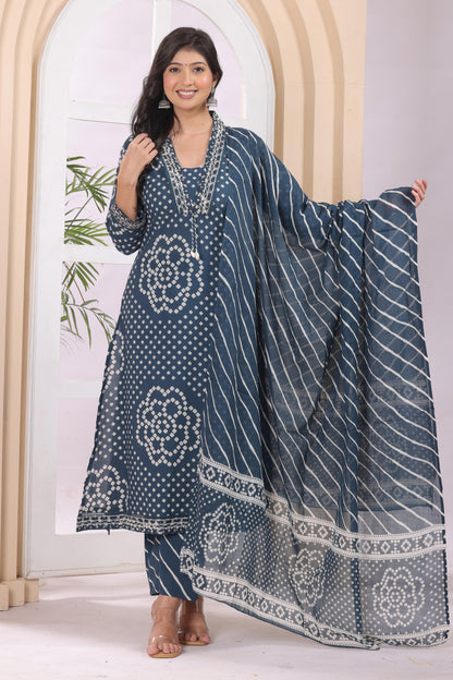 Gulabi Leaf's A-Line Printed Pure Cotton Embroidered Kurta, Pant With Dupatta