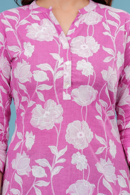 Women's Pink Floral Cotton Short Kurti – 3/4 Sleeve
