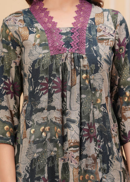 Women’s Printed Tunic Top with Lace Neck Detailing – Casual & Ethnic Fusion Wear