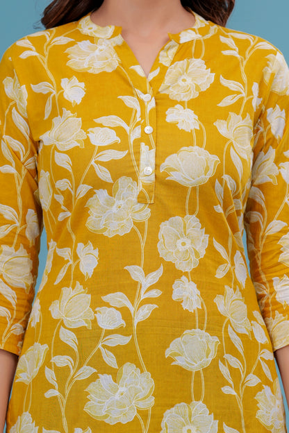 Women's Yellow Floral Cotton Short Kurti – 3/4 Sleeve