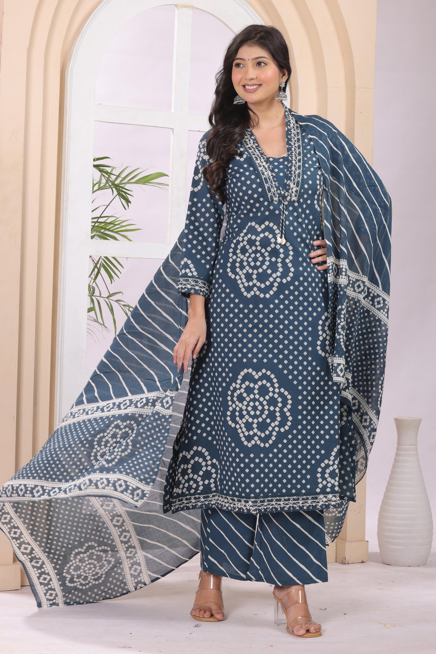 Gulabi Leaf's A-Line Printed Pure Cotton Embroidered Kurta, Pant With Dupatta