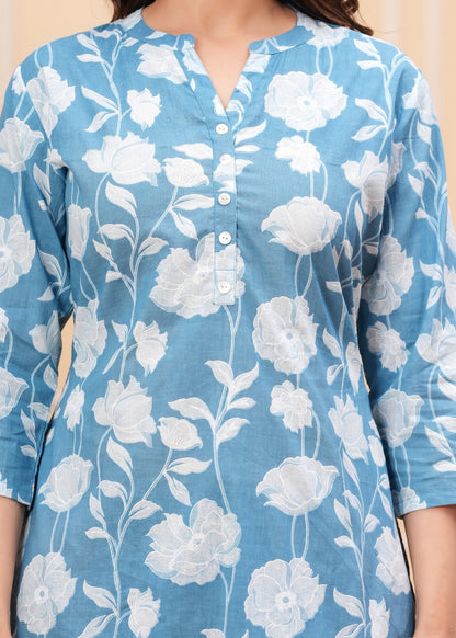 Women's Blue Floral Cotton Short Kurti – 3/4 Sleeve