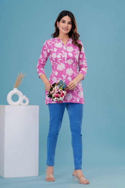 Women's Pink Floral Cotton Short Kurti – 3/4 Sleeve