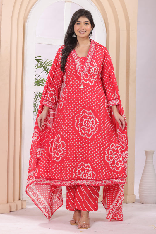Gulabi Leaf's A-Line Printed Pure Cotton Embroidered Kurta, Pant With Dupatta
